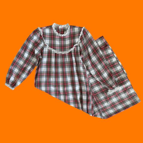 80's 90's vintage tartan plaid Christmas night gown pjs OSFM l.l. bean by lanz - Picture 1 of 11